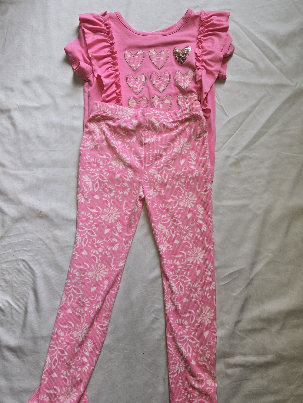 btween Pink Heart Ruffle Top with Floral Leggings Pajama Set